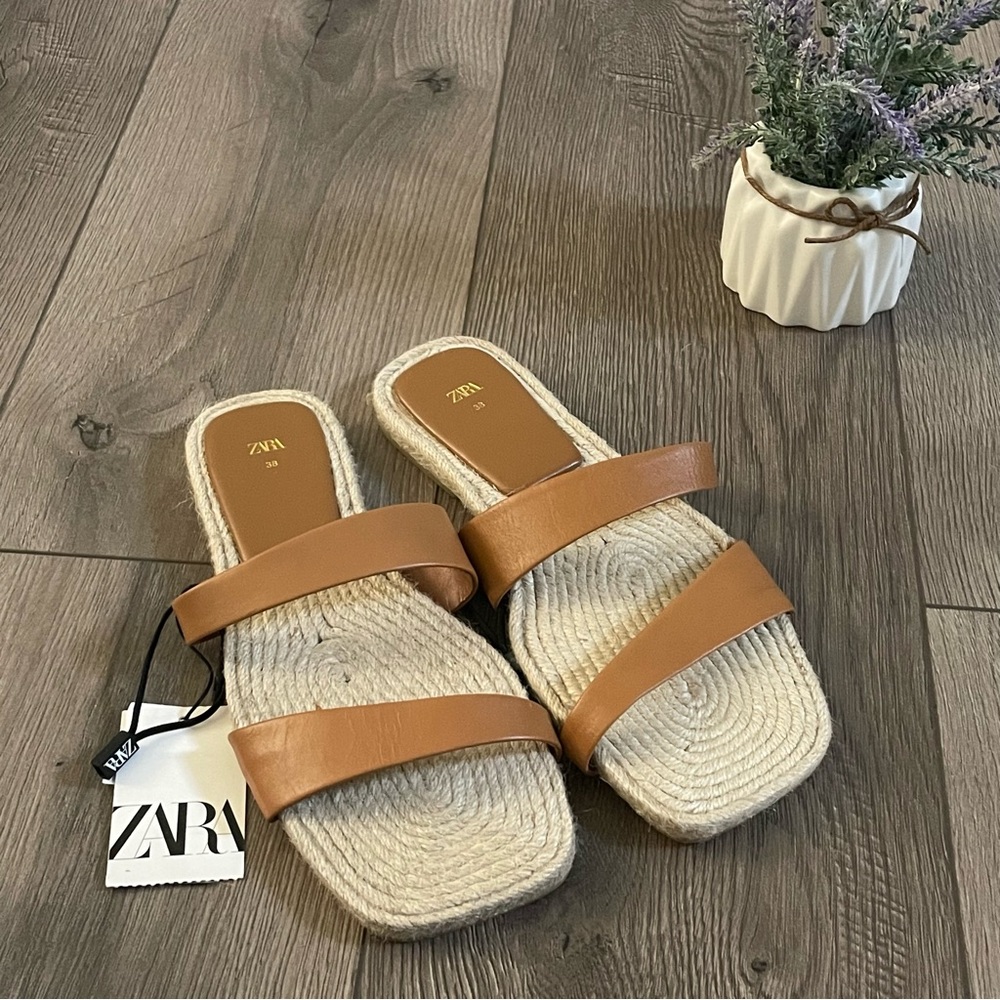 Zara Squared Toe Jute Low-Heeled Strappy Flat Leather Sandals Sz:7.5